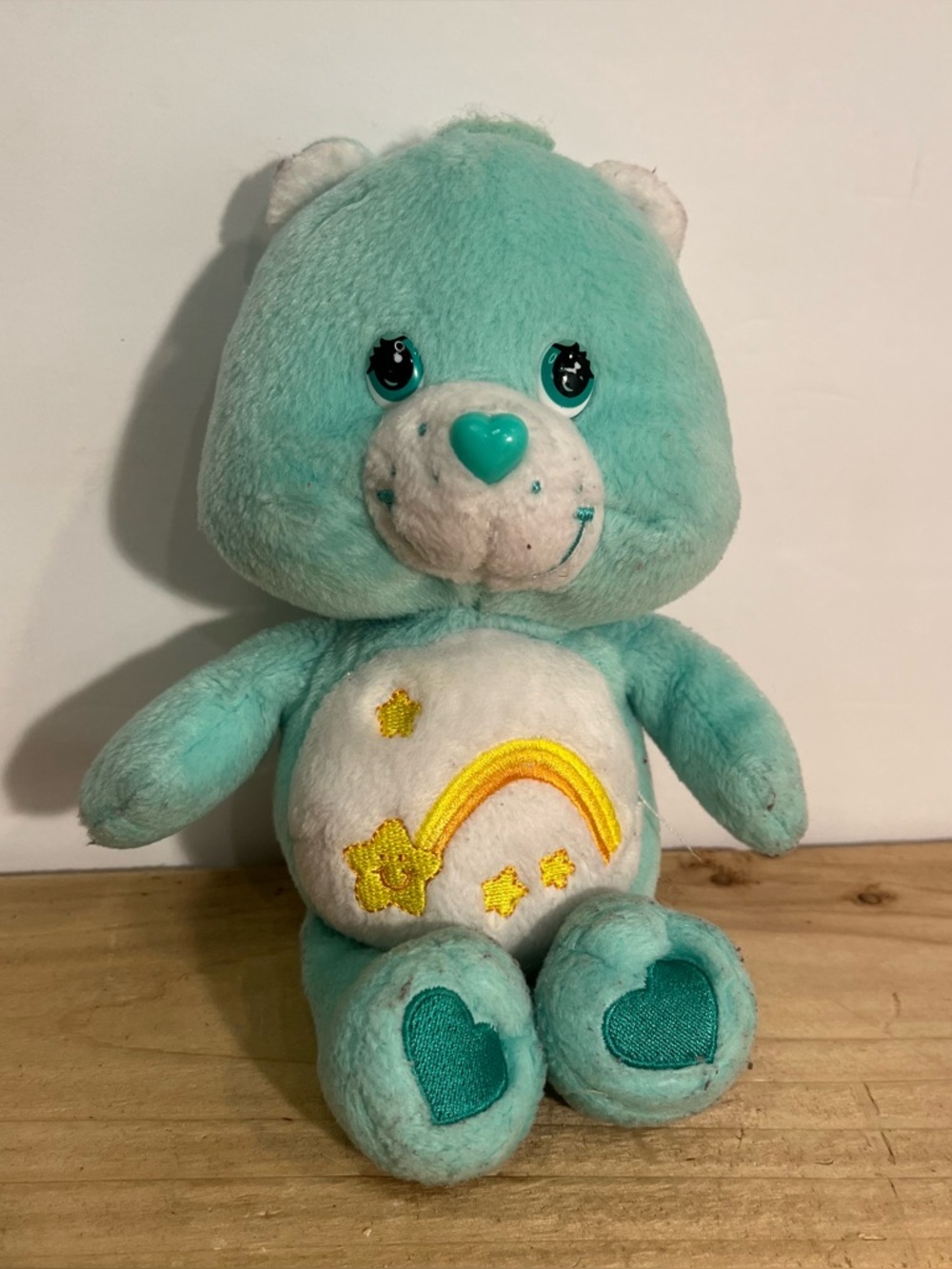 Vintage 2002 Care Bears WISH BEAR Blue Rainbow Bean Bag Plush Stuffed Animal 8”